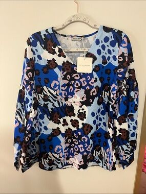 Blue Multi-Print V-Neck Blouse